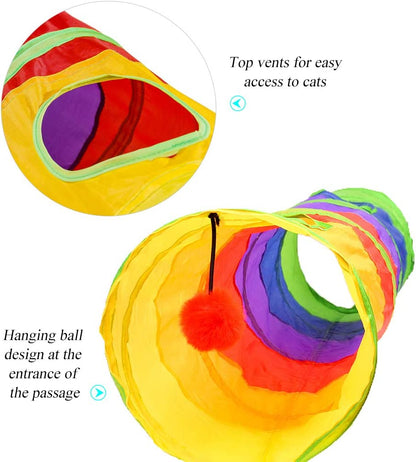 Cat Tunnel for Indoor Cats, 45" Long Rainbow Collapsible Kitten Tube with a Fun Ball and 2 Holes Cat Play Tunnel, Rabbit Tunnel for Kittens Exercising Hiding Training and Running(Colorful)