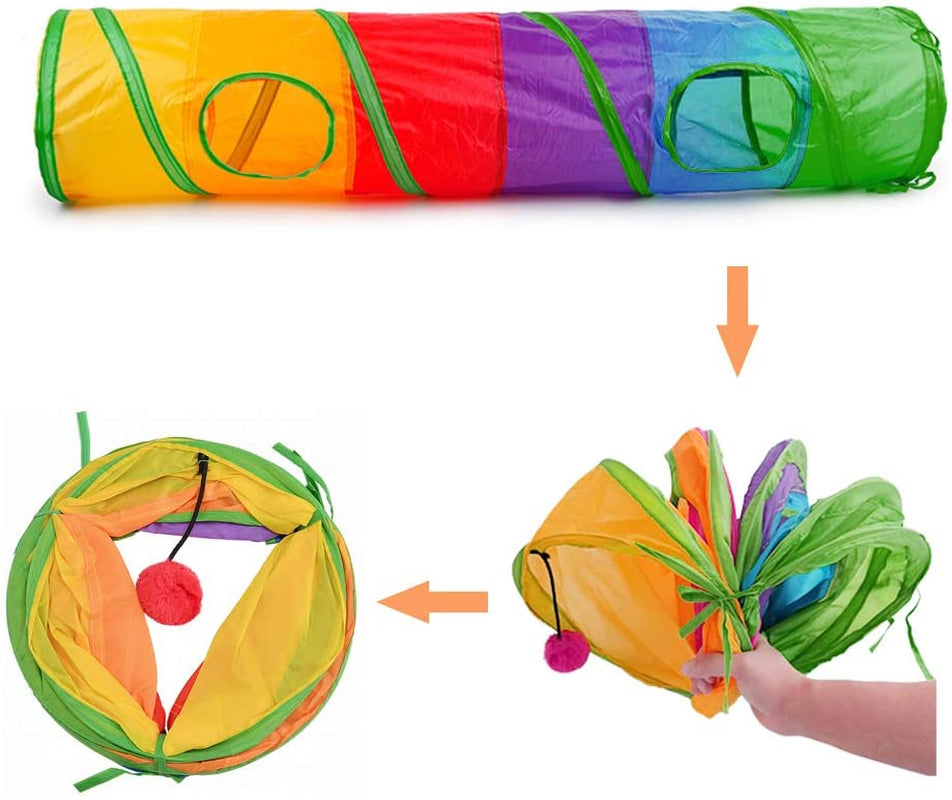Cat Tunnel for Indoor Cats, 45" Long Rainbow Collapsible Kitten Tube with a Fun Ball and 2 Holes Cat Play Tunnel, Rabbit Tunnel for Kittens Exercising Hiding Training and Running(Colorful)