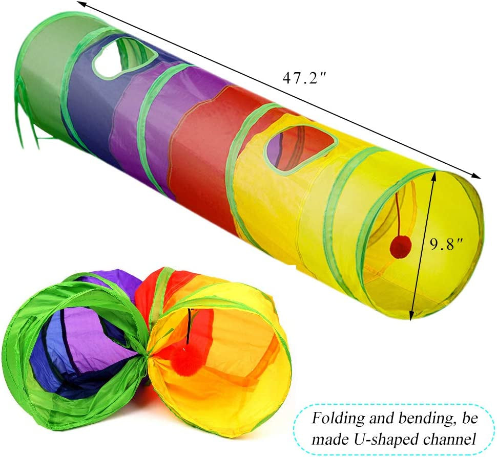 Cat Tunnel for Indoor Cats, 45" Long Rainbow Collapsible Kitten Tube with a Fun Ball and 2 Holes Cat Play Tunnel, Rabbit Tunnel for Kittens Exercising Hiding Training and Running(Colorful)